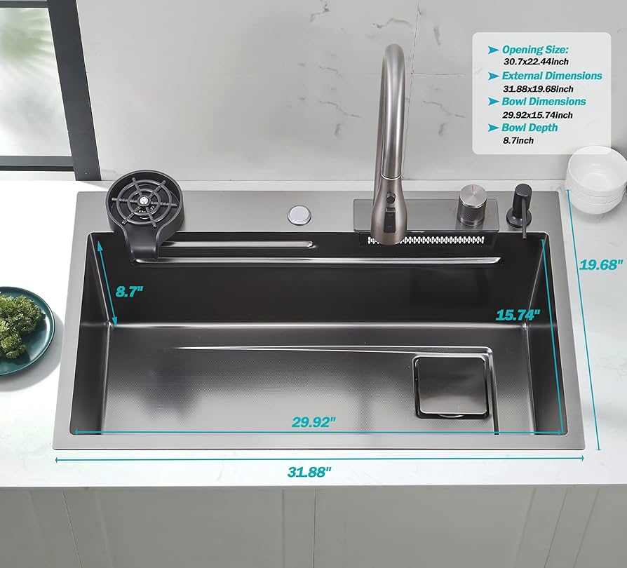 TULAZOU 32 Inch Drop-in Kitchen Sink,Waterfall Single Bowl